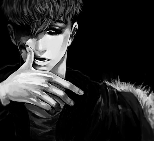Anime picture 844x772 with killing stalking oh sangwoo kotkuro single fringe short hair open mouth simple background hair between eyes looking away fingernails lips black background monochrome eyebrows boy