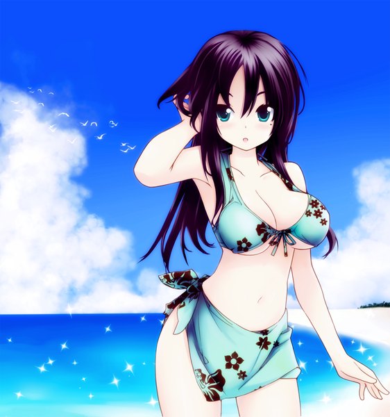 Anime picture 1800x1920 with original lchrno rokumonsen single long hair tall image blush highres blue eyes light erotic looking away sky purple hair cloud (clouds) mole bare belly armpit (armpits) mole under eye beach girl
