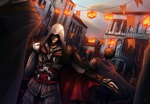 Anime picture 1024x712 with assassin's creed (game) ezio auditore da firenze unodu brown hair from behind city bleeding boy weapon hood blood cloak