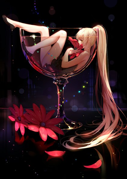 Anime picture 707x1000 with original pixiv fantasia pixiv fantasia fallen kings ask (askzy) single tall image looking at viewer blonde hair bare shoulders yellow eyes full body ponytail lying very long hair on back minigirl sniffing girl dress flower (flowers)