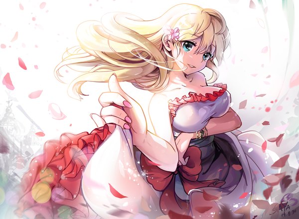 Anime picture 1200x879 with original saya (mychristian2) single long hair looking at viewer fringe breasts blue eyes blonde hair large breasts bare shoulders nail polish hair flower light smile wind girl dress hair ornament flower (flowers) petals
