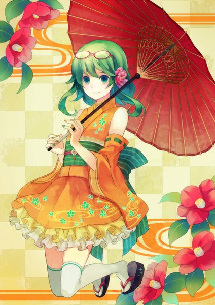 Anime picture 1000x1414 with vocaloid gumi choke (amamarin) single tall image looking at viewer blush fringe short hair blue eyes bare shoulders holding green eyes nail polish traditional clothes japanese clothes multicolored hair hair flower green hair light smile