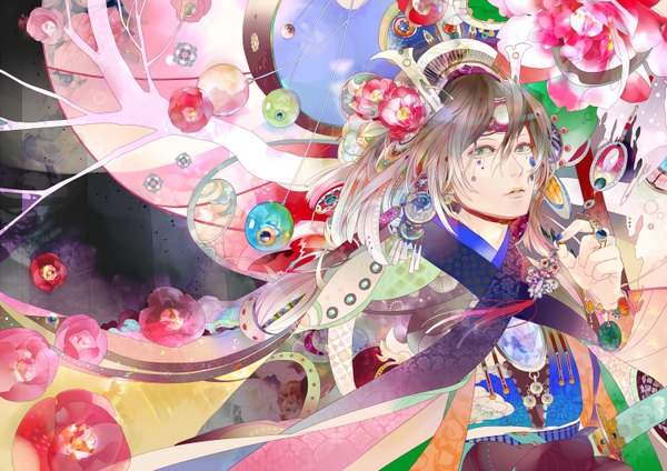 Anime picture 1500x1060 with original saiga tokihito long hair japanese clothes aqua eyes grey hair face paint androgynous boy hair ornament flower (flowers) earrings ring branch