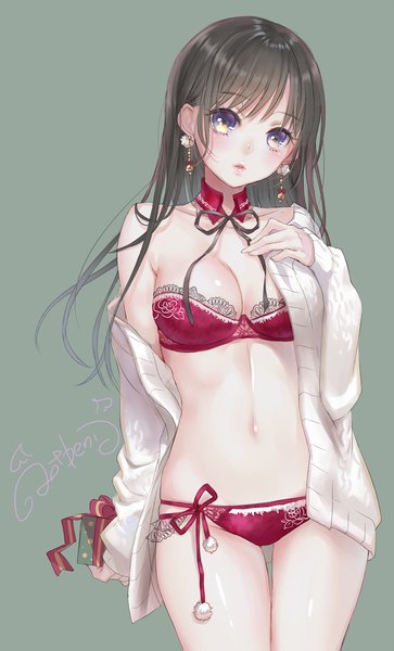 Anime picture 726x1200 with original ao+beni single long hair tall image looking at viewer fringe breasts light erotic simple background brown hair standing purple eyes bare shoulders holding signed cleavage head tilt lips off shoulder