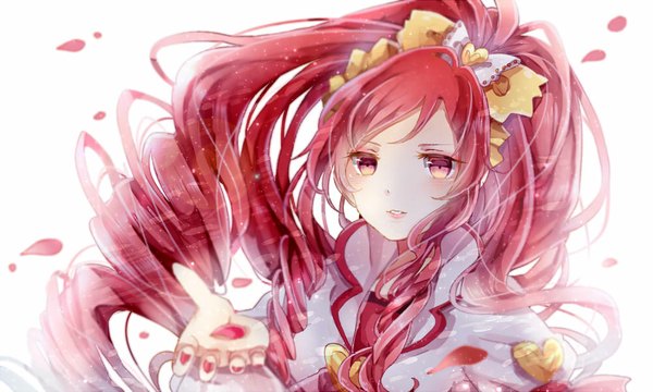 Anime picture 1000x600 with precure dokidoki! precure toei animation madoka aguri cure ace poison916 single long hair blush simple background red eyes wide image white background ponytail red hair nail polish wind drill hair girl bow