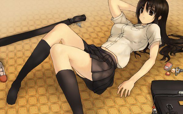 Anime picture 1440x900 with original bob (biyonbiyon) light erotic brown hair wide image brown eyes lying thighhighs skirt sword