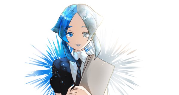 Anime picture 2240x1198 with houseki no kuni euclase (houseki no kuni) kayanogura single looking at viewer highres short hair simple background wide image white background blue hair silver hair nail polish multicolored hair two-tone hair heterochromia androgynous necktie