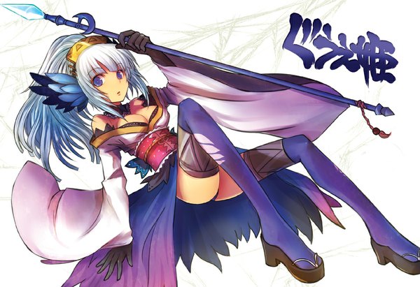 Anime picture 1000x686 with odin sphere vanillaware gwendolyn kara (color) single long hair light erotic simple background purple eyes bare shoulders white hair legs girl thighhighs dress gloves hair ornament feather (feathers) staff crystal