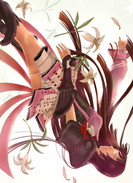 Anime picture 800x1100 with sengoku basara production i.g oichi anko single long hair tall image open mouth black hair simple background white background eyes closed upside down falling girl flower (flowers) ribbon (ribbons) petals armor knee boots