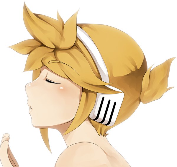 Anime picture 1059x1000 with vocaloid kagamine len kosame daizu single blush short hair open mouth blonde hair simple background white background bare shoulders eyes closed profile boy headphones