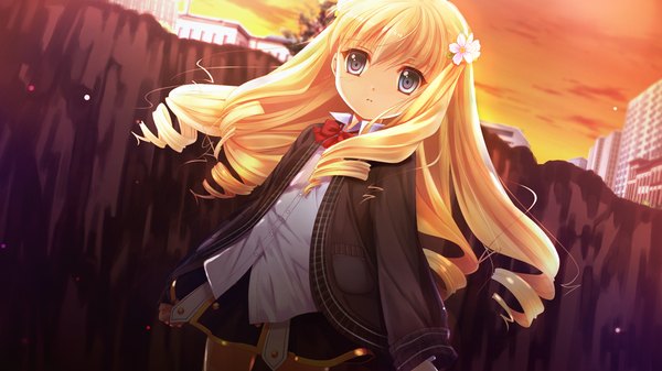 Anime picture 1024x576 with futagoza no paradox long hair looking at viewer blue eyes blonde hair wide image game cg hair flower loli drill hair girl skirt hair ornament shirt