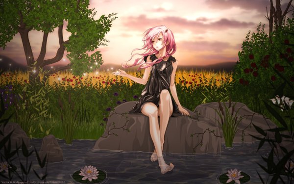 Anime picture 2560x1600 with guilty crown production i.g yuzuriha inori cilou (artist) single long hair highres red eyes wide image sitting pink hair cloud (clouds) barefoot legs girl hair ornament flower (flowers) plant (plants) tree (trees) water