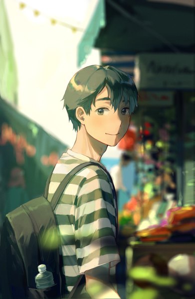 Anime picture 1251x1920 with original tamomoko single tall image looking at viewer fringe short hair black hair hair between eyes black eyes blurry depth of field turning head shaded face striped boy t-shirt bottle backpack