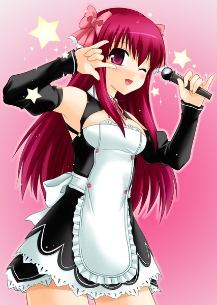 Anime picture 1000x1406 with dream c club amane (dream c club) makxma single long hair tall image blush smile bare shoulders pink hair one eye closed pink eyes wink girl bow hair bow detached sleeves microphone