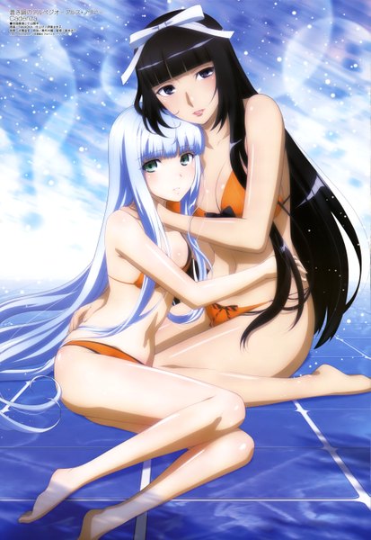 Anime picture 4089x5936 with aoki hagane no arpeggio megami magazine iona yamato (aoki hagane no arpeggio) takaoka (megami) long hair tall image highres blue eyes light erotic black hair purple eyes multiple girls blue hair absurdres official art hug girl bow 2 girls