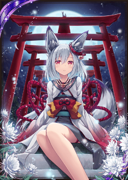Anime picture 640x896 with shinkai no valkyrie akkijin single tall image fringe short hair hair between eyes red eyes sitting animal ears looking away silver hair tail long sleeves traditional clothes japanese clothes animal tail night bare legs night sky