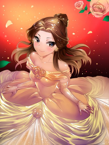 Anime picture 700x933 with beauty and the beast disney belle (beauty and the beast) u-julgi single long hair tall image blush simple background smile brown hair bare shoulders brown eyes looking away from above sparkle midriff hair bun (hair buns) red background shiny clothes