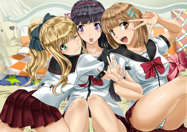 Anime picture 1412x1000 with original tomabechi long hair short hair open mouth light erotic black hair blonde hair brown hair purple eyes multiple girls brown eyes green eyes ponytail one eye closed wink pantyshot victory pantyshot sitting girl