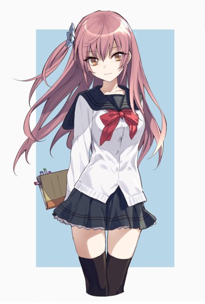 Anime picture 1722x2546 with original maruchi single long hair tall image looking at viewer fringe highres simple background smile hair between eyes white background holding brown eyes pink hair hair flower zettai ryouiki one side up border blue background