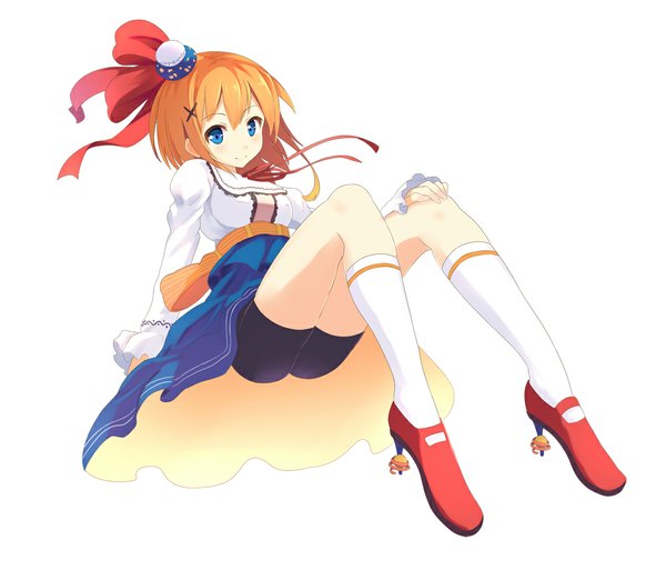 Anime picture 1000x871 with original orangina momo no kanzume single blush short hair blue eyes simple background smile white background orange hair legs girl dress ribbon (ribbons) hair ribbon socks white socks leggings