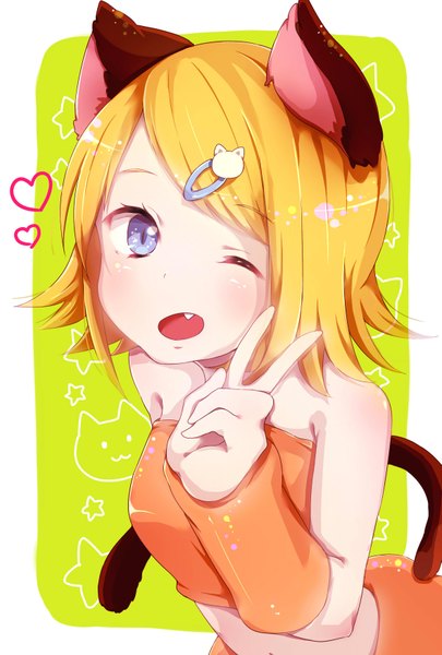 Anime picture 1181x1748 with vocaloid kagamine rin fuu (07199382) single tall image looking at viewer blush short hair open mouth blue eyes blonde hair bare shoulders animal ears tail animal tail one eye closed wink cat ears teeth cat tail