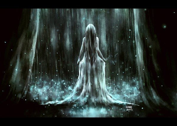 Anime picture 1400x1000 with nanfe single long hair standing holding from behind night back glowing letterboxed rain girl dress plant (plants) tree (trees) fireflies