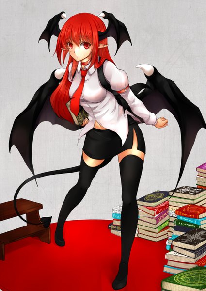 Anime picture 1002x1416 with touhou koakuma asya single long hair tall image looking at viewer red eyes standing red hair tail pointy ears side slit demon tail black wings head wings demon wings girl thighhighs skirt