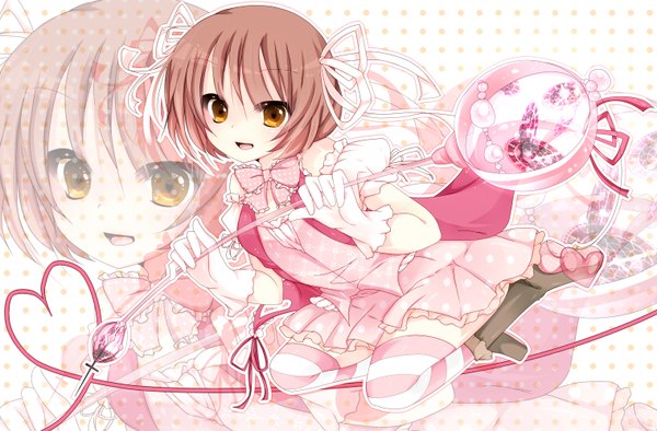 Anime picture 1520x1000 with original sakuragi yuzuki single short hair open mouth brown hair yellow eyes zoom layer girl thighhighs dress gloves ribbon (ribbons) hair ribbon bowtie striped thighhighs