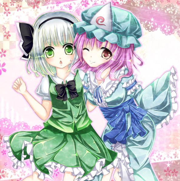 Anime picture 1236x1250 with touhou konpaku youmu saigyouji yuyuko harukaruha (artist) tall image short hair smile red eyes multiple girls green eyes purple hair one eye closed green hair wink loli girl skirt bow 2 girls hat