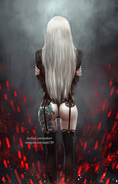 Anime picture 950x1475 with original nanfe single long hair tall image light erotic simple background standing signed ass white hair nail polish from behind tattoo dark background girl thighhighs black thighhighs garter straps