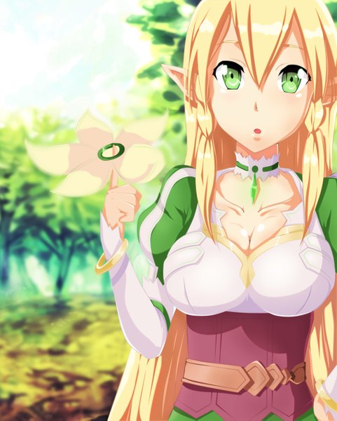 Anime picture 1100x1373 with sword art online a-1 pictures leafa i-azu single long hair tall image breasts blonde hair large breasts green eyes cleavage braid (braids) pointy ears :o twin braids coloring girl dress plant (plants)