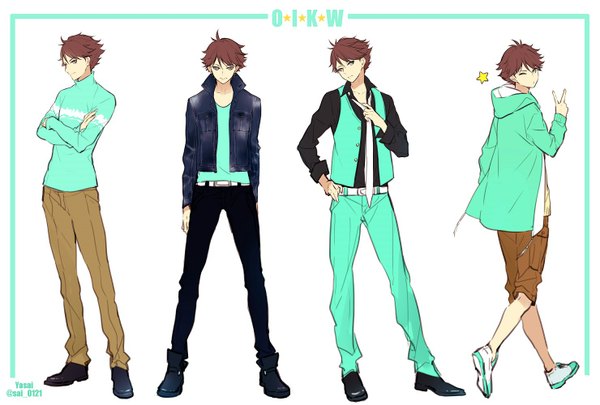 Anime picture 1480x1000 with haikyuu!! production i.g ooikawa tooru yasai (getsu) short hair simple background brown hair standing white background brown eyes one eye closed looking back light smile wink open clothes open jacket crossed arms walking multiple persona fashion