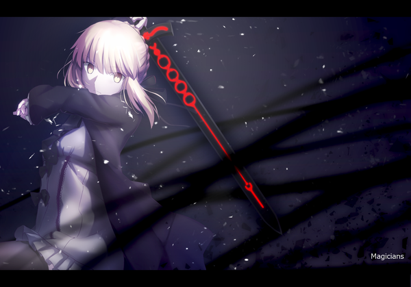 Anime picture 2107x1473 with fate (series) fate/stay night fate/unlimited codes artoria pendragon (all) saber saber alter magicians (zhkahogigzkh) single fringe highres simple background hair between eyes signed yellow eyes blunt bangs braid (braids) long sleeves turning head single braid black background