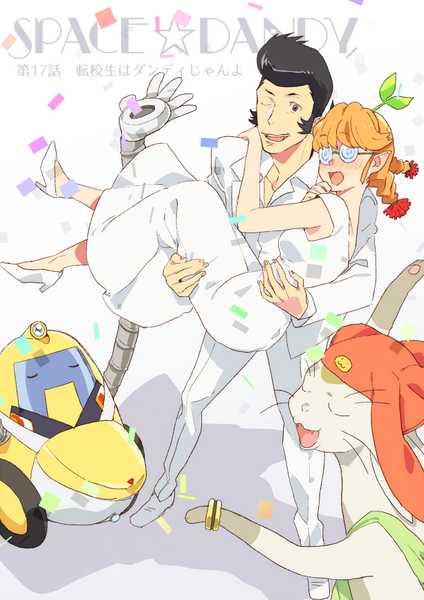 Anime picture 613x867 with space dandy studio bones dandy (space dandy) meow (space dandy) qt (space dandy) freckles (space dandy) mosuko tall image blush open mouth brown eyes braid (braids) eyes closed one eye closed from above pointy ears wink orange hair shadow copyright name