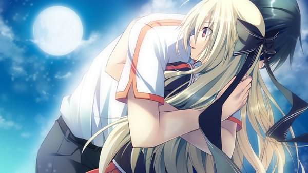 Anime picture 1280x720 with aka-san to kyuuketsuki alexandra ann-christine axelina saitou yuu kuwashima rein long hair short hair black hair red eyes wide image game cg cloud (clouds) white hair night couple hug girl boy bow hair bow shirt