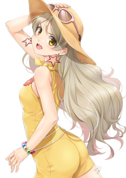 Anime picture 827x1169 with idolmaster idolmaster million live! handa roko miri (ago550421) single long hair tall image looking at viewer blush fringe breasts open mouth simple background blonde hair hair between eyes standing white background signed yellow eyes looking back