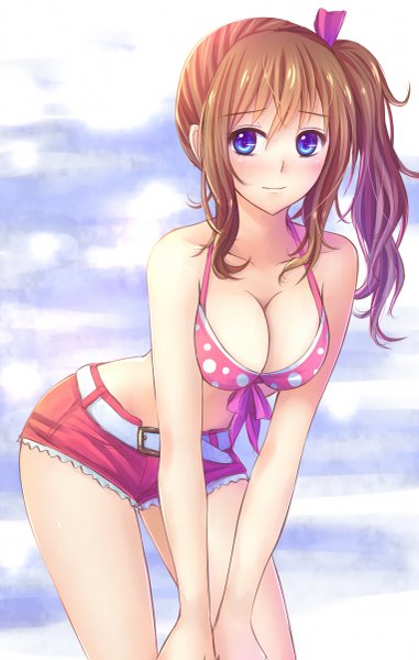 Anime picture 763x1200 with original xia you qing suikakitsu shiro single long hair tall image looking at viewer blush breasts blue eyes light erotic brown hair large breasts bare shoulders cleavage ponytail light smile bare belly thighs side ponytail