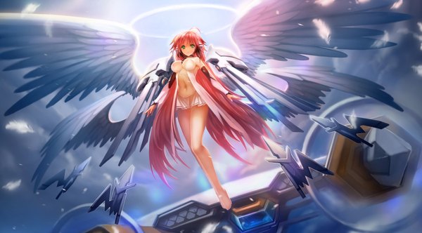 Anime picture 7556x4192 with sora no otoshimono ikaros zhuore zhi hen single looking at viewer highres breasts light erotic wide image large breasts green eyes pink hair absurdres cloud (clouds) ahoge very long hair barefoot sunlight bare belly bare legs