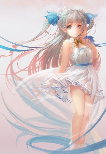 Anime picture 1764x2563 with original samanta single tall image highres smile brown eyes blue hair pink hair very long hair multicolored hair aqua eyes light smile two-tone hair two side up heterochromia girl thighhighs dress ribbon (ribbons)