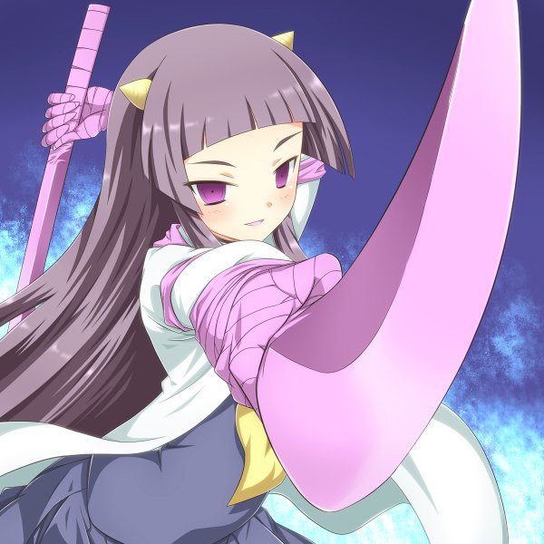 Anime picture 1200x1200 with kami nomi zo shiru sekai lune (kaminomi) yuto (dialique) long hair black hair purple eyes horn (horns) girl weapon sword katana bandage (bandages)