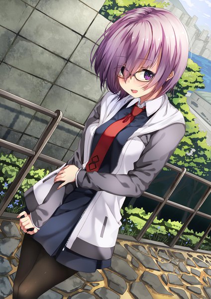 Anime picture 1413x2000 with fate (series) fate/grand order mash kyrielight unasaka ryou single tall image looking at viewer fringe short hair open mouth smile standing purple eyes pink hair outdoors head tilt hair over one eye open jacket holding arm girl
