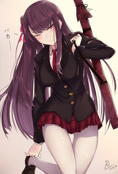 Anime picture 2300x3400 with girls frontline wa2000 (girls frontline) zhishi ge fangzhang single long hair tall image blush fringe highres simple background red eyes holding signed looking away purple hair bent knee (knees) pleated skirt one eye closed thighs one side up