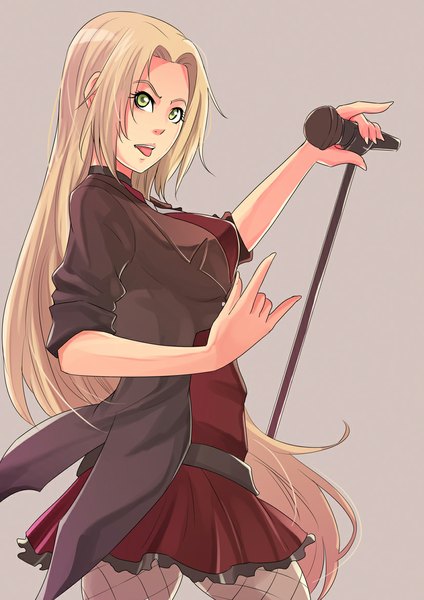 Anime picture 827x1169 with original dream-of-abell single long hair tall image simple background blonde hair green eyes grey background girl thighhighs dress tongue fishnet stockings microphone stand