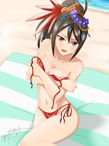 Anime picture 800x1067 with brave frontier (game) seria (brave frontier) kimmy77 single long hair tall image blush open mouth light erotic black hair red eyes signed ponytail embarrassed beach covering covering breasts open bikini girl navel