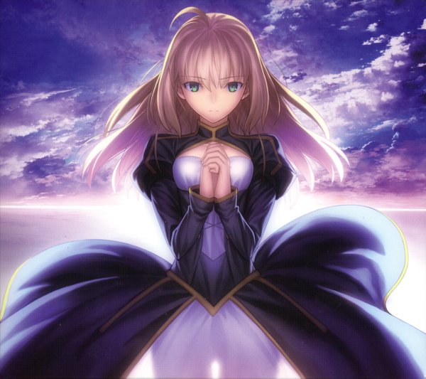Anime picture 3342x2970 with fate (series) fate/stay night type-moon artoria pendragon (all) saber takeuchi takashi single long hair looking at viewer fringe highres blonde hair standing green eyes absurdres sky cloud (clouds) ahoge wind sunlight