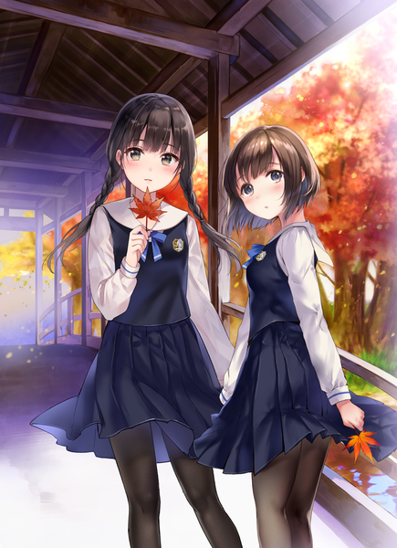 Anime picture 725x1000 with original fukahire (ruinon) long hair tall image looking at viewer blush short hair brown hair multiple girls brown eyes braid (braids) girl skirt uniform 2 girls school uniform pantyhose black pantyhose leaf (leaves) skirt set