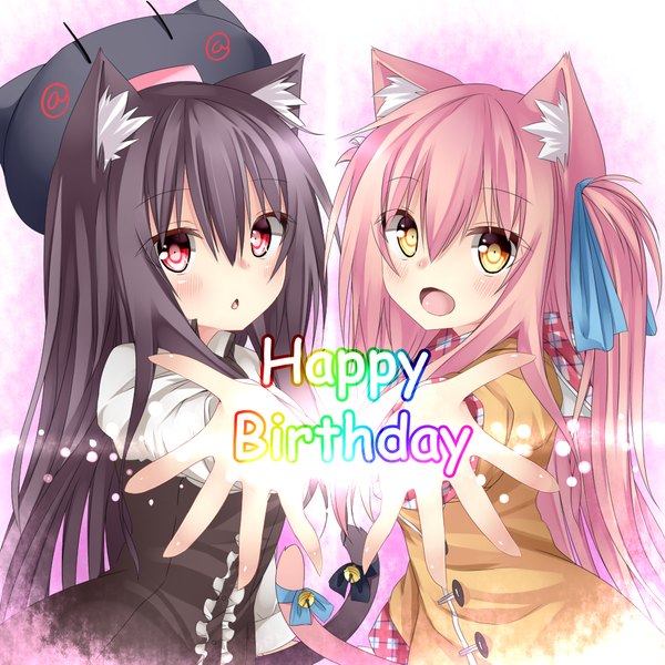 Anime picture 1000x1000 with original shia flatpaddy mia flatpaddy chabaneko long hair looking at viewer blush open mouth black hair red eyes multiple girls animal ears yellow eyes pink hair tail animal tail cat ears cat girl cat tail borrowed character