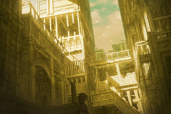 Anime picture 2338x1565 with original sumashi (cii) highres sunlight cityscape scenic ruins animal bird (birds) building (buildings)