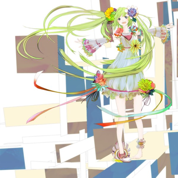 Anime picture 1414x1414 with vocaloid hatsune miku meola single open mouth very long hair hair flower aqua eyes green hair spread arms girl dress hair ornament flower (flowers)