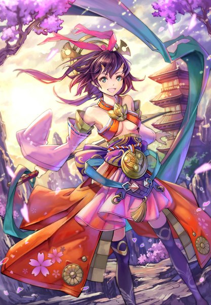 Anime picture 694x1000 with original sogdin single tall image looking at viewer blush fringe short hair open mouth light erotic black hair smile standing green eyes traditional clothes japanese clothes horn (horns) wind cherry blossoms underboob